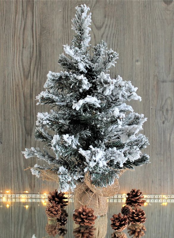 Juletre, snøpyntet, med striesekk.