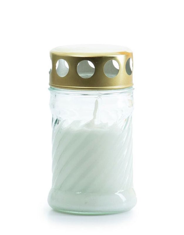 Gravlys, i skrå rillet glass, lite med hvit stearin.