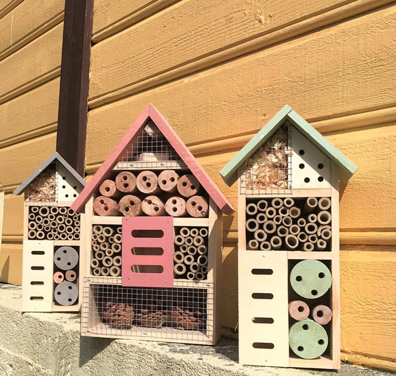 Hage, stort Insekts hotell, med rosa tak, fra Arnøy.