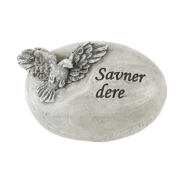Gravpynt rund stein, med due og teksten "Savner dere"