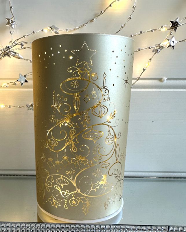Lyslykt, gull med Juletre motiv, God Jul og Led-lys.
