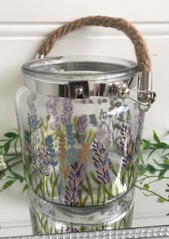 Lysglass med Lavendel motiv og tau håndtak.
